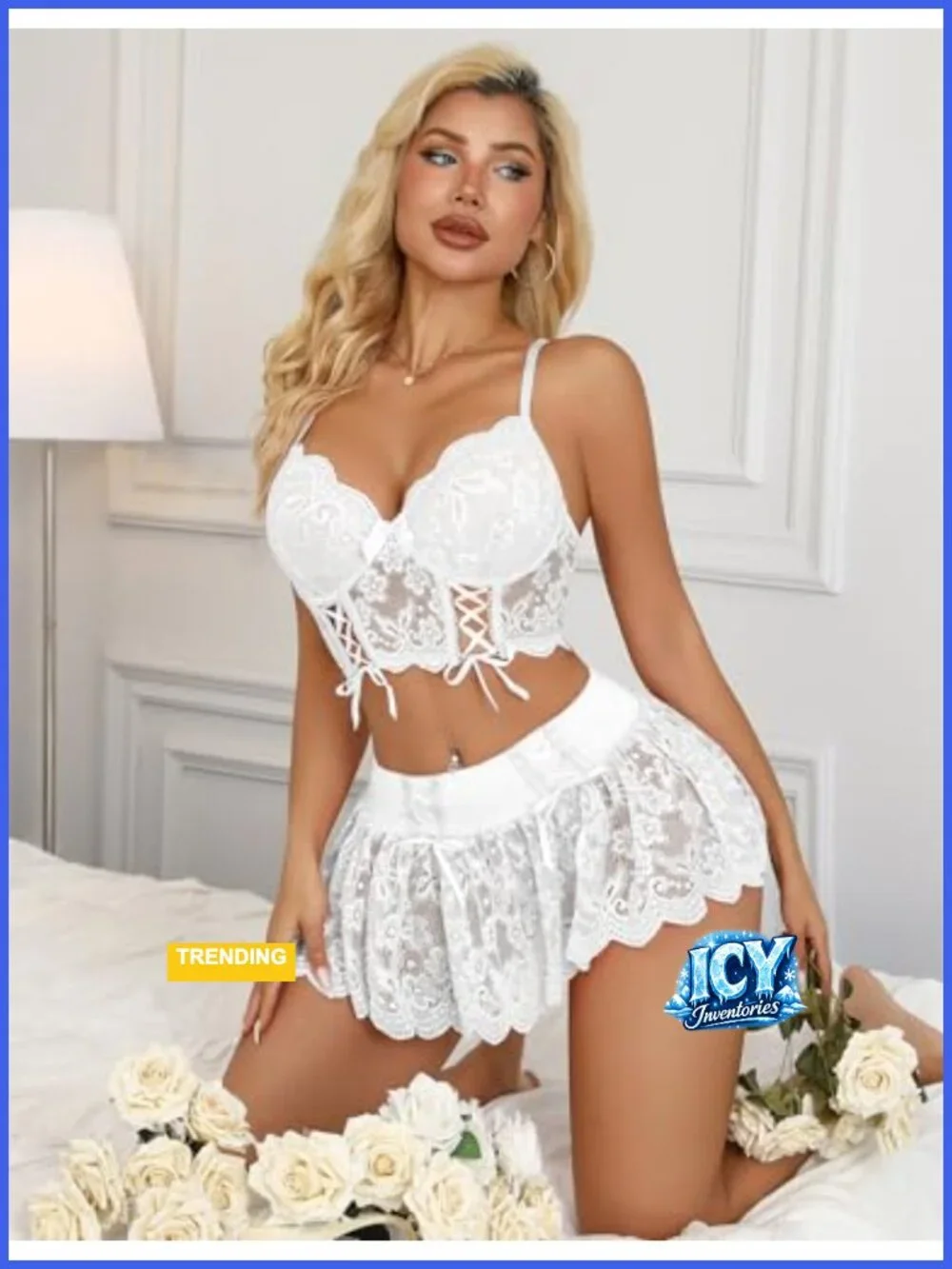 Lace Corset Top Mini Skirt Lingerie Set with Underwire, 3 Piece
